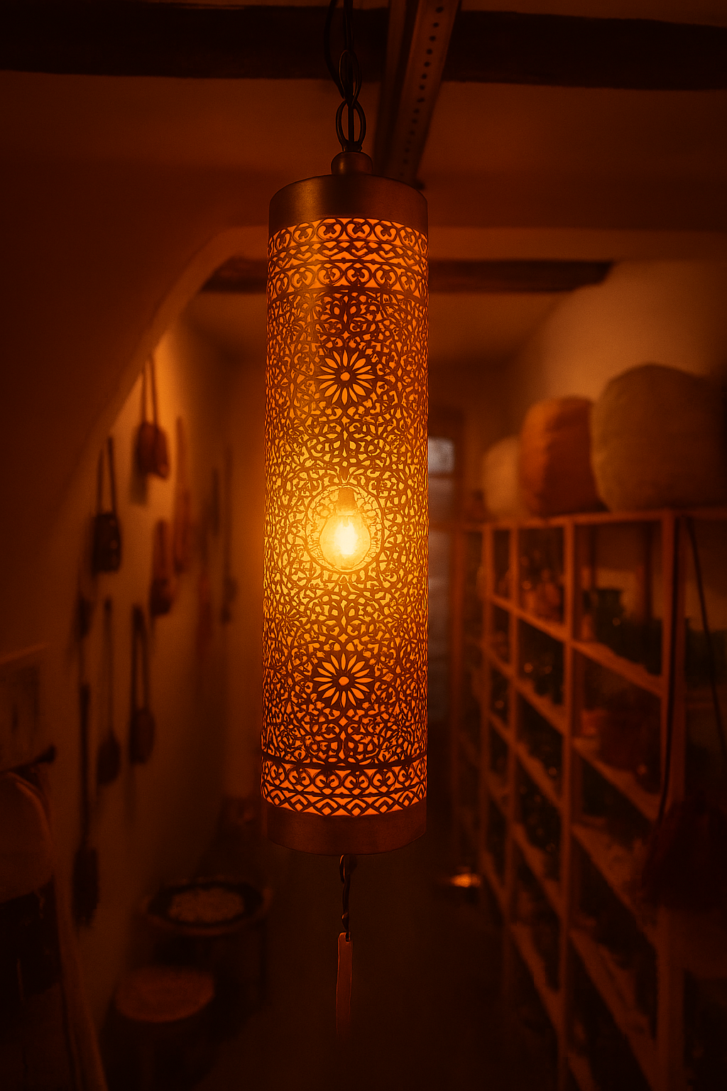 Lanterne Cylindrique 30cm en Laiton Ciselé – Élégance Artisanale Orientale