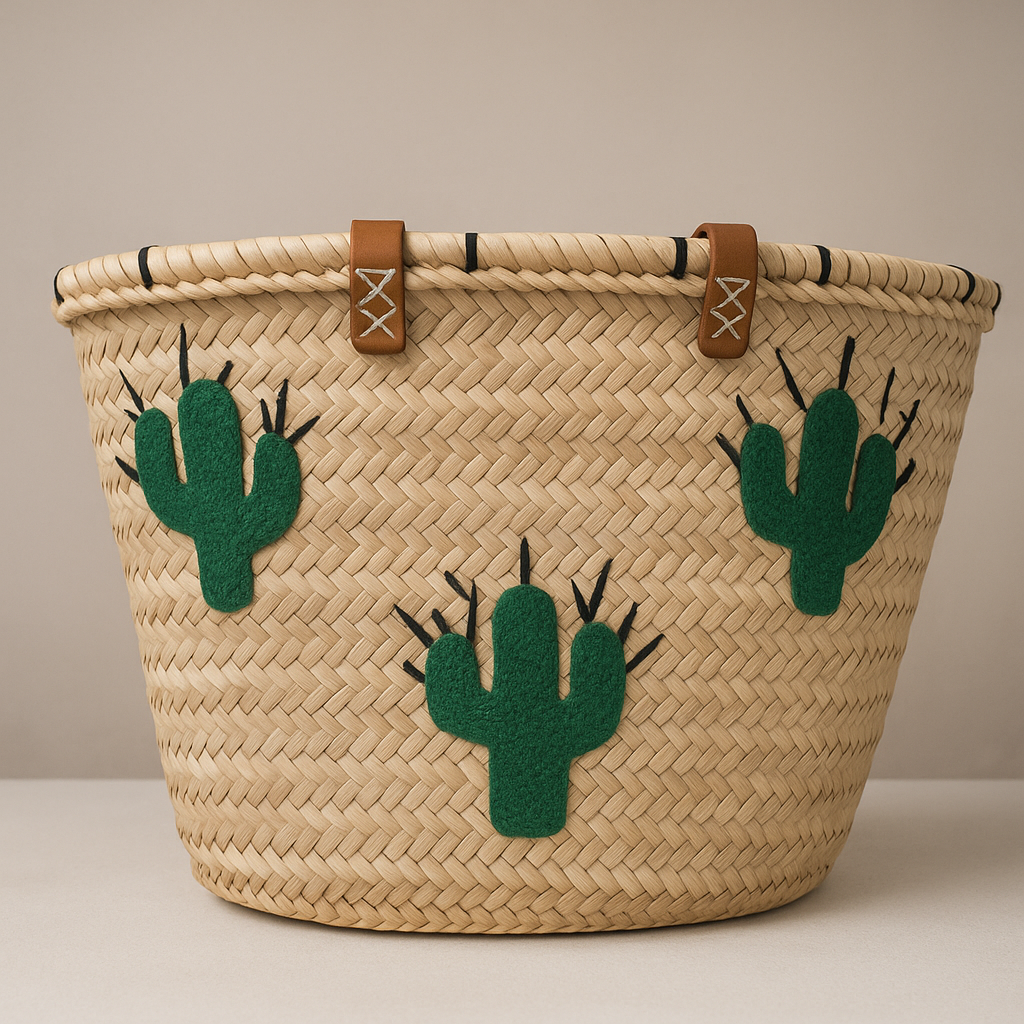 Sac panier en osier tressé à la main – Style bohème cactus