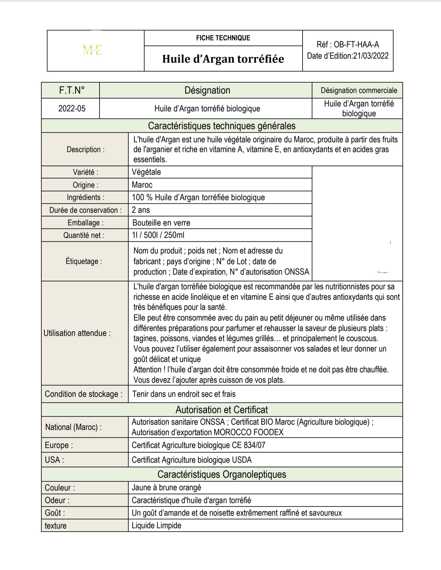 Huile d'Argan Torréfiée Biologique – 250 ml